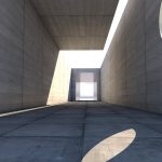 Concrete passage showcasing modern architecture with dramatic light and shadow play.